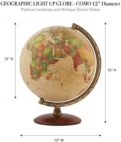Waypoint Geographic Light Up Globe - Como 12” Desk Decorative Illuminated Antique Ocean Style with Stand, Up to Date World Globe