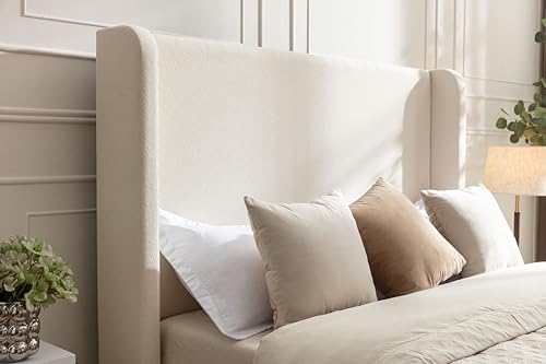Queen 54" Tall Headboard Wingback Upholstered Platform Bed Frame Elegant Simplicity for Kids Teens Adults Bedroom Strong Wood Slats Support No Box Spring Needed Easy Assembly Ivory Boucle