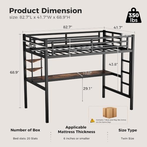 Twin XL Loft Bed with Desk, USB Charging Station, LED Light and 2 Storage Shelves, Metal Heavy Duty Loft Bed Twin Size for Adults, Teens, No Box Spring Needed (Black, Twin XL)