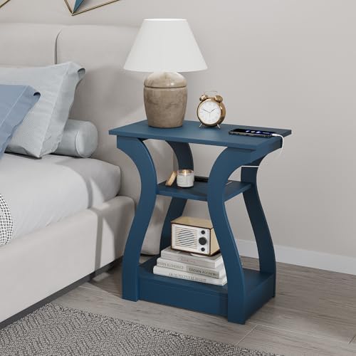 FROMJBEST End Tables Living Room Set of 2 with Charging Station, Navy Blue