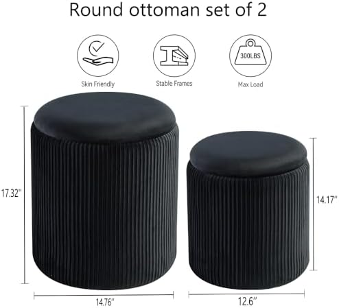 BLEXA Round Storage Ottoman, Set of 2, Velvet Vanity Stool, Black