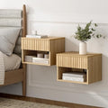 Floating nightstand Set of 2，Modern Fluted Bedside Tables with Drawer & Open Shelf Oak