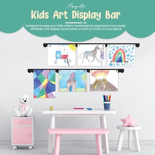 Scalloped Magnetic Art Display for Kids Artwork & Photos (Set of 2) – Kids Artwork Display for Wall – Magnetic Photo Display Strips with Push-Pin Magnets (Black, 35in)