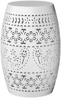 VINGLI Outdoor Iron Side Table, Patio End Table Anti-Rust Metal Round Drum Garden Stool Plant Stand Indoor Iron Accent Table for Patio Deck Porch Living Room (White)