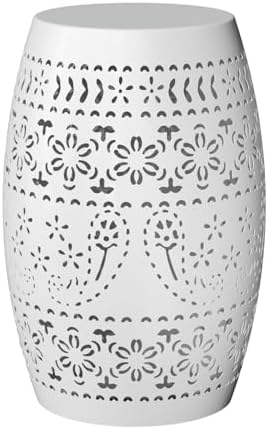 VINGLI Outdoor Iron Side Table, Patio End Table Anti-Rust Metal Round Drum Garden Stool Plant Stand Indoor Iron Accent Table for Patio Deck Porch Living Room (White)