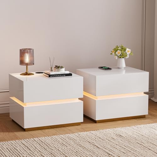 homary Smart Nightstand Set of 2 with Wireless Charging Station, USB & Type-C Ports, LED Light, 2 Drawers – Modern White Bedside Table for Bedroom Storage