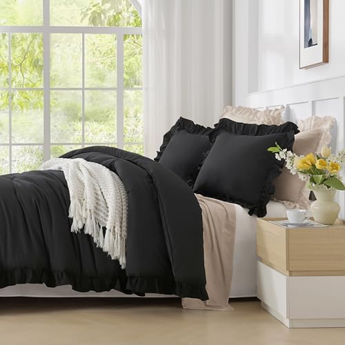 Andency Black Ruffle Comforter Twin Size, 2 Pieces Soft Bed Set