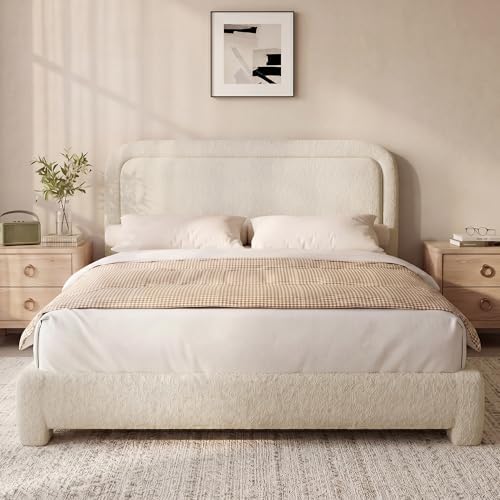 Vipbear Boucle Full Size Bed Frame with Adjustable Headboard, Upholstered Cloud Platform Bed Frame with Wood Slats, Noise-Free Full Bed, No Box Spring Required, Easy Assembly, Beige