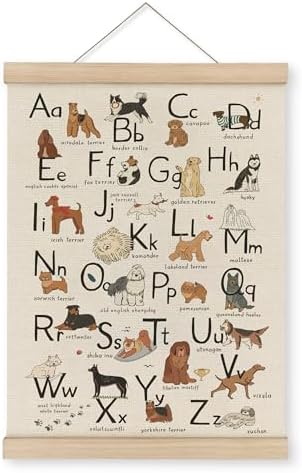 MAQIKA ABC Alphabet Chart Dog Poster Framed with Wood Hanger,Alphabet Banner, Alphabet Abc Poster for Toddlers,Kids Abc Hanging Wall Decor,Dog Breed Canvas Wall Art Paints for Classroom Nursery 12x16