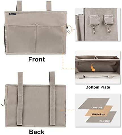 Surblue Bedside Caddy Hanging Bed Organizer Storage Bag Pocket for Bunk and Hospital Beds, College Dorm Rooms Baby Bed Rails,Camp 4 Pockets and 2 Hooks (Gray)