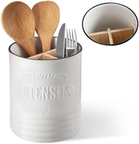 DOWAN 7.2" Large Ceramic Utensil Holder for Kitchen Counter, Beige, Devider
