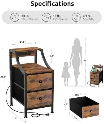 Lazzanto Narrow Nightstand with Charging Station for Bedroom, Dorm