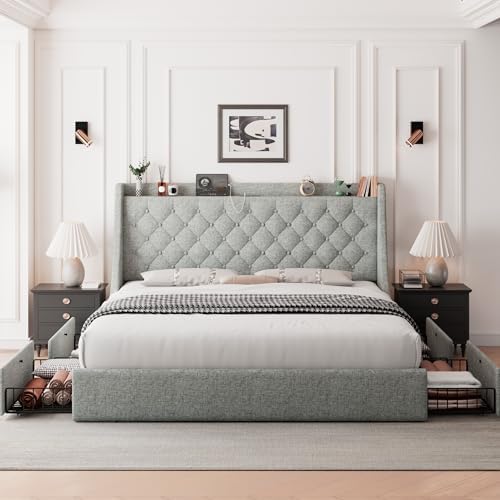 Feonase King Size Bed Frame with 4 Storage Drawers, Storage Bed with Charging Station, Tufted Wingback Headboard, No Box Spring Needed, Light Grey