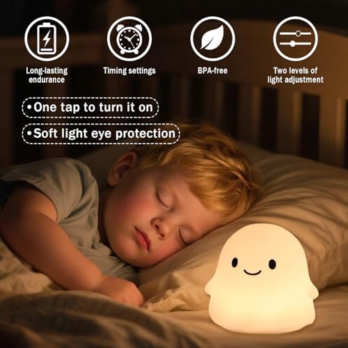 Rytinazzz Halloween Ghost Night Light, 50-Hour Battery & Pat Control, Cute Squishy Lamp for Kids Room Decor, USB Rechargeable with Timer, Cute Home Decor
