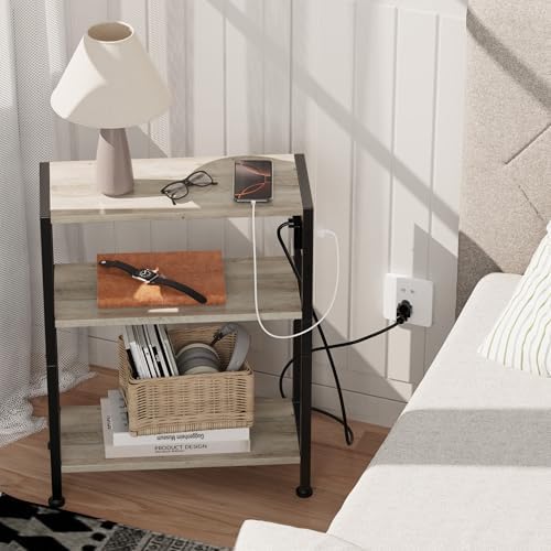 End Table with Charging Station, 3-Tier Side Table for Small Space, Skinny Nightstand with USB/Type C Port and 2 Outlets, Slim Sofa Beside Table for Living Room, Bedroom and Balcony, Greige