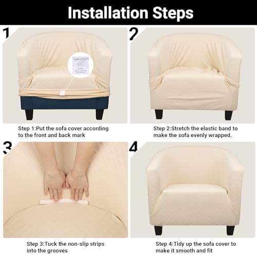 Barrel Chair Slipcovers, 2 Pack 1-Piece Stretch Beige Club Chair Covers with Arms, Round Soft Armchair Sofa Cover Removable Couch Furniture Protector for Bar Living Room Bedroom Hotel Counter