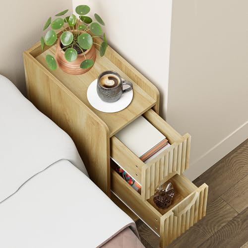 Narrow Nightstand Set of 2, Wood 2 Drawer Narrow Nightstand, Skinny Night Stand with Open Storage, Mid Century Modern Slim Bedside Table for Bedroom, Natural Oak