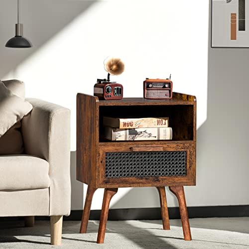 Lerliuo Rattan Nightstands Set of 2, Boho Side Table with Drawer Open Shelf