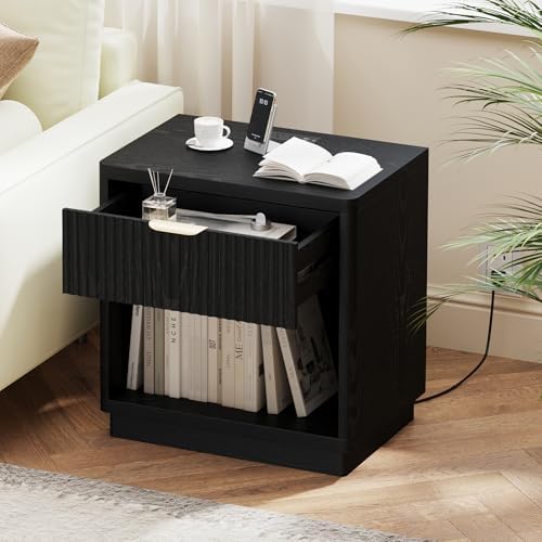Fluted Nightstand Set of 2 with Charging Station,Drawer & Open Shelf,Black