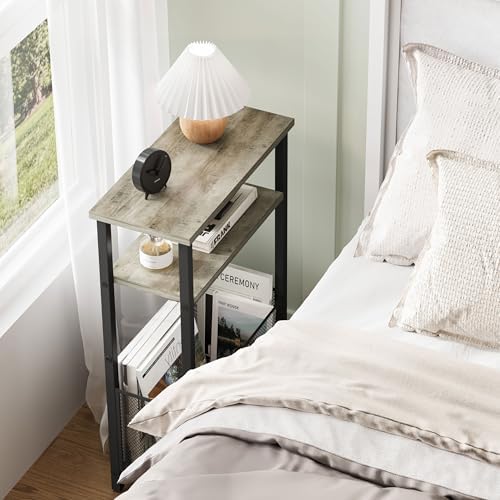 MMEOLUOOK Narrow Side Table with Storage Basket Skinny End Tables for Smalls Spaces 3 Tier Sofa Table Small Nightstand Slim Bedside Table for Living Room Bedroom Oak MLBZ22Q