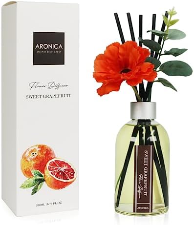 Aronica Grapefruit Reed Diffuser, Room Scent Diffuser with Red Flower, Difusor De Varillas, Aesthetic Room Decor, Apartment House Bathroom Essentials, Air Fresheners for Home Long Lasting