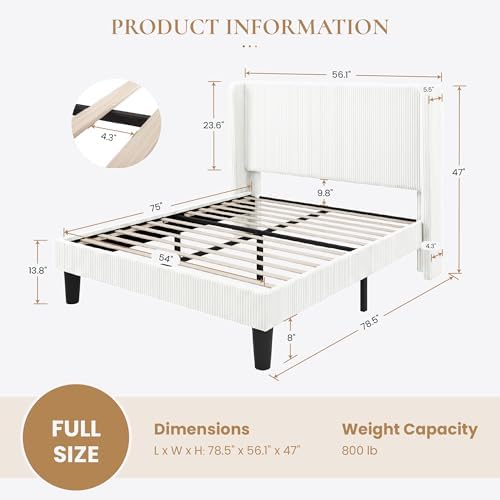 SHA CERLIN Full Corduroy Platform Bed with Tufted Wingback Headboard, White