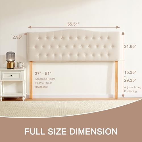 Tufted Headboard Full Size, Solid Wood Adjustable Height Head Board, Beige