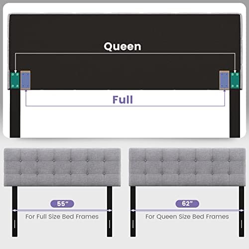 KOMFOTT Linen Upholstered Headboard for Full & Queen Size Bed Frame, Modern Tufted Button Bed Headboard with Solid Rubber Wood Legs, Rectangular Headboard with Adjustable Width, Gray