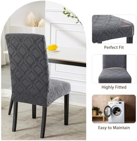 SearchI Dining Room Chair Covers Set of 6, Stretch Jacquard Parsons Chair Slipcovers Super Fit Spandex Removable Washable Kitchen Chair Protector Cover for Dining Room, Hotel, Ceremony (Grey)