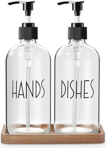ALELION Glass Soap Dispenser with Pump - 16 OZ Clear Dish and Hand Soap Dispenser Set with Acacia Wood Tray for Kitchen Bathroom - Modern Liquid Pump Bottles