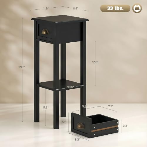 HOMCOM Narrow End Table with Drawer and Bottom Shelf Set of 1 Black