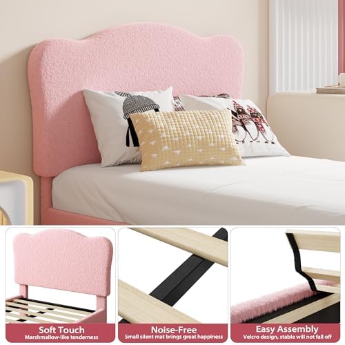 Garvee Upholstered Full Size Bed Frame for Kids with Scallop Headboard, Cute Velvet Full Bed for Girls, Boys, Sturdy Platform Bed, No Box Spring Needed, Wooden Slats, Noise Free, Pink