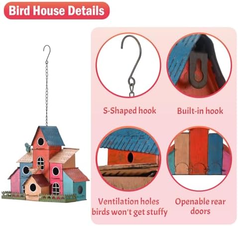 Large Bird House for Outside Hanging, Colorful Birdhouse with 6-Compartment