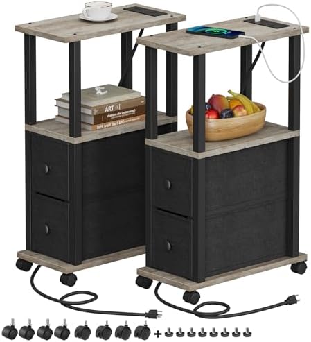 TUTOTAK Small Narrow End Tables, Side Tables with 2 Fabric Drawers, Set of 2, Bedside Tables with Charging Station for Small Spaces, Slim Nightstands with USB Ports and Wheels, TB01BG053