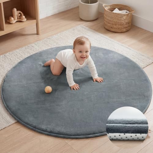 Baby Play Mat for Floor,Large 79in Round Mat for Toddler,Infant,Kids,1.3" Thick Non-Slip Nursery Rug,Water Repellent Soft Padded Activity Mats for Tummy Time, Crawling,Playroom(Dark Grey)