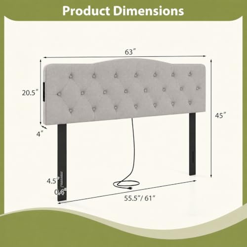 KOMFOTT Modern Headboard with Charging Station for Queen & Full Bed, Gray