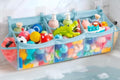 Extra Large Bath Toy Organizer with 3 Compartments and Multiple Pockets, Quick-Dry Mesh Bathtub Storage for Kids' Toys (Blue)
