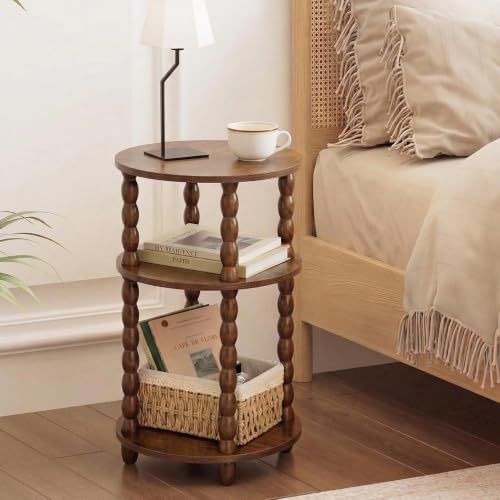 3-Tier Round Side Table, Small End Table with Solid Wood Spindle Legs Brown