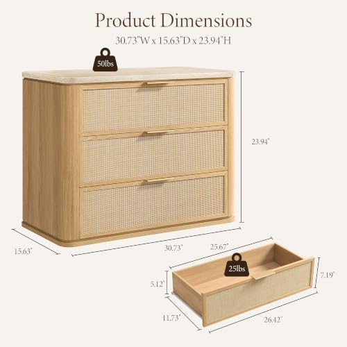Night Stand Set 2, Rattan Nightstand with 3 Drawers