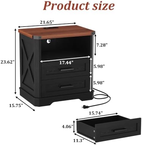 Yusong 23.62" Tall Farmhouse Nightstand, Rustic Wooden Night Stand with Charging Station, Beside Table with Drawers and Open Storage, End Tables for Bedroom, Black
