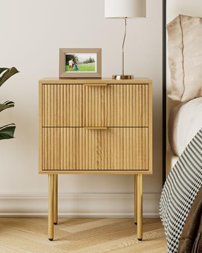 Aienvey Nightstand with 2 Drawers, Oak Stripe Night Stand and Gold Frame