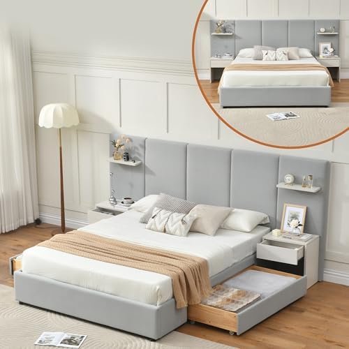 Queen Size Bed Frame with Storage & Built-in Nightstands & Drawers, Gray