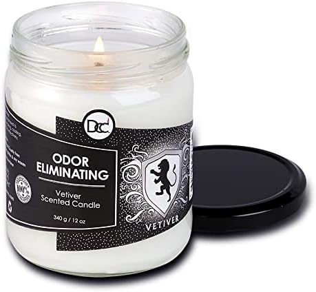 Vetiver Odor Eliminating Highly Fragranced Candle - Eliminates 95% of Pet, Smoke, Food, and Other Smells Quickly - Up to 80 Hour Burn time - 12 Ounce Premium Soy Blend