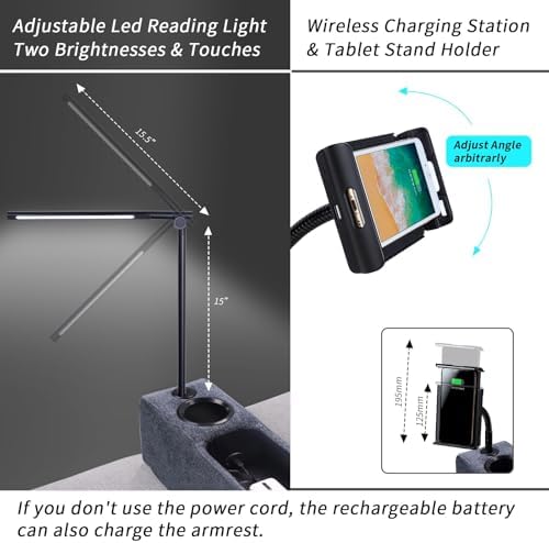 Multifunctional Sofa Armrest, Couch Armrest with Wireless Charge Stand, Removable Couch Caddy with Storage,Including LED Reading Light