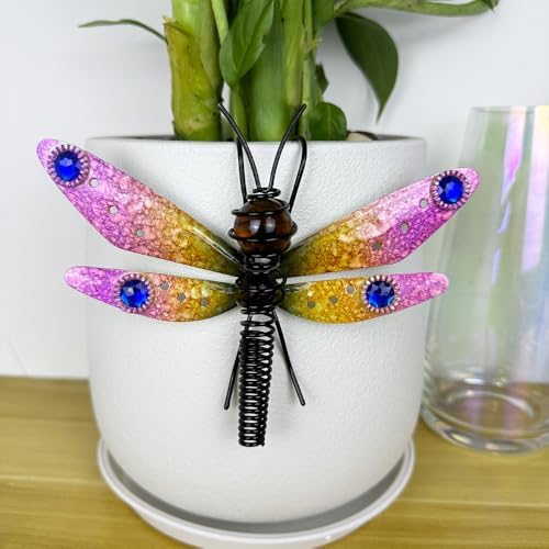 3 Pcs Butterfly & Dragonfly Mix Decorations for Flower Pots - Iron Painted Hanging Ornaments, Plant Pot Potted Hanger Figurines, Outdoor Garden Pendant Decor
