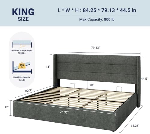 Allewie King Size Lift Up Hydraulic Storage Bed Frame Dark Grey
