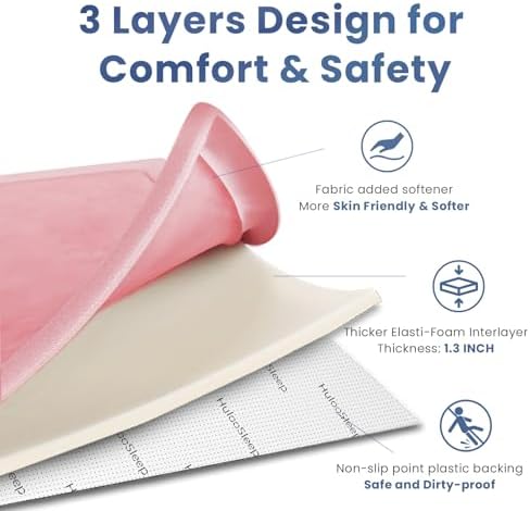 Huloo Sleep Ultra Soft Baby Play Mat for Floor,1.3" Thick Elasti-Foam 47x47 Play Mat for Playpen,Water-Repellent Coral Velvet for Tummy Time, Non-Slip Backing Safe for Toddlers & Infants（Pink）