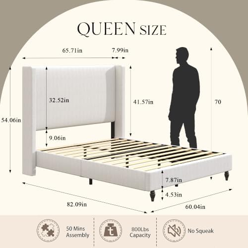 Queen 54" Tall Headboard Wingback Upholstered Bed Frame Beige