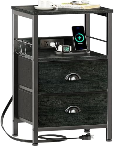 Furologee Nightstand with Charging Station for Bedroom, 2 Fabric Drawers