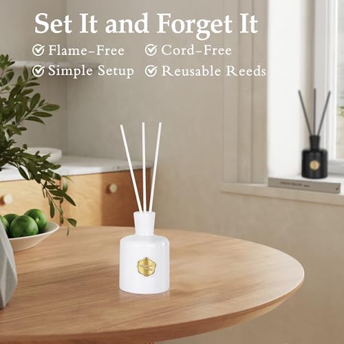 XEPTLE Reed Diffuser Set, 7.04 oz Creamy Gardenia Scent Diffuser with 5 Sticks, Long Lasting Air Freshener, Essential Oil Reed Diffuser, Home Fragrance for Office, Bathroom Shelf Decor, White